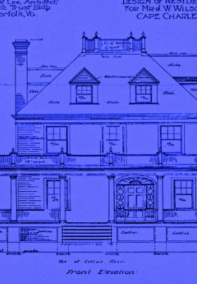 Blueprints of the exterior of the Inn drawn to show its design with the text: Front Elevation.